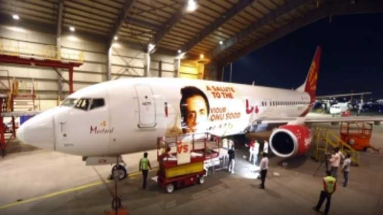 Sonu Sood posters on Spicejet aircraft