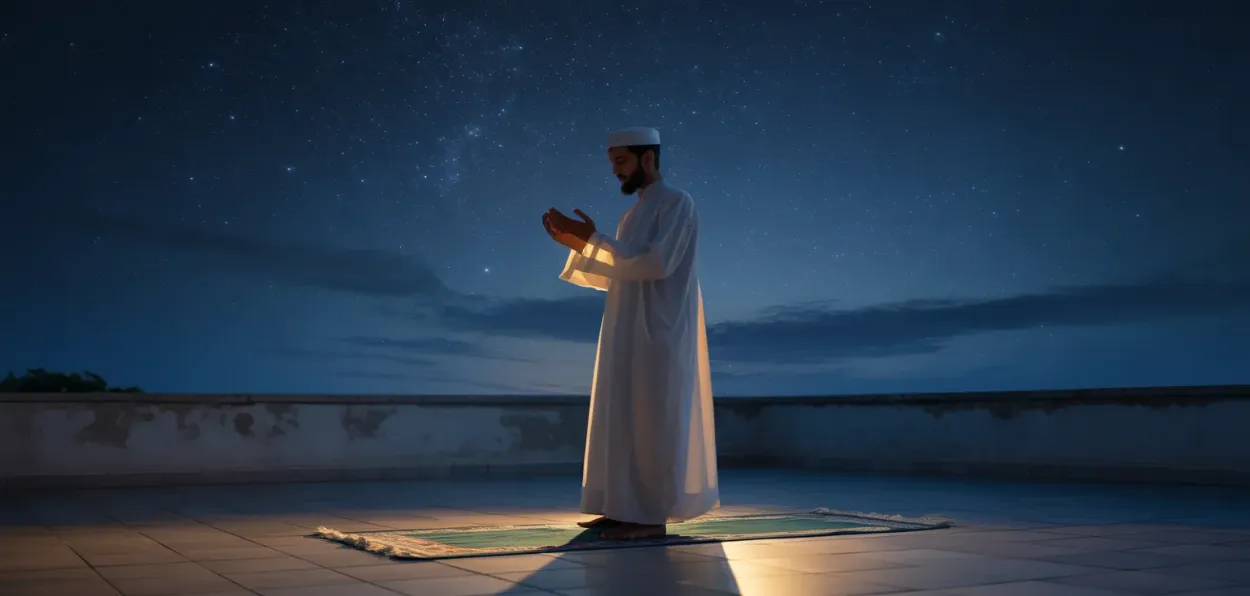 AI generated image of a Muslim man praying in  the night