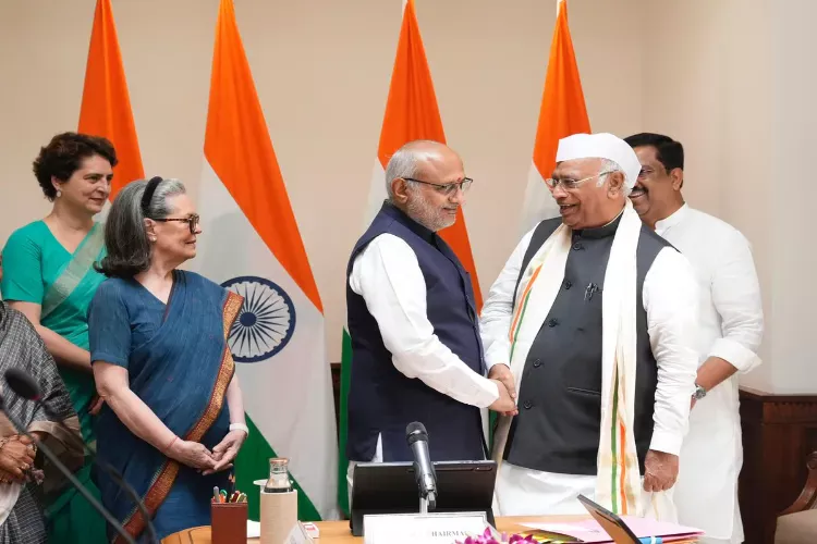 Congress president Mallikarjun Kharge with VP of India C P Radhakrishnan and Sonia Gandhi