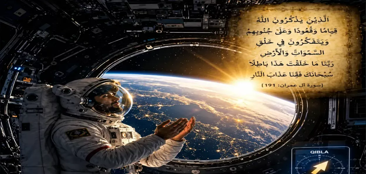 AI-generated image of a Muslim praying in his spacecraft