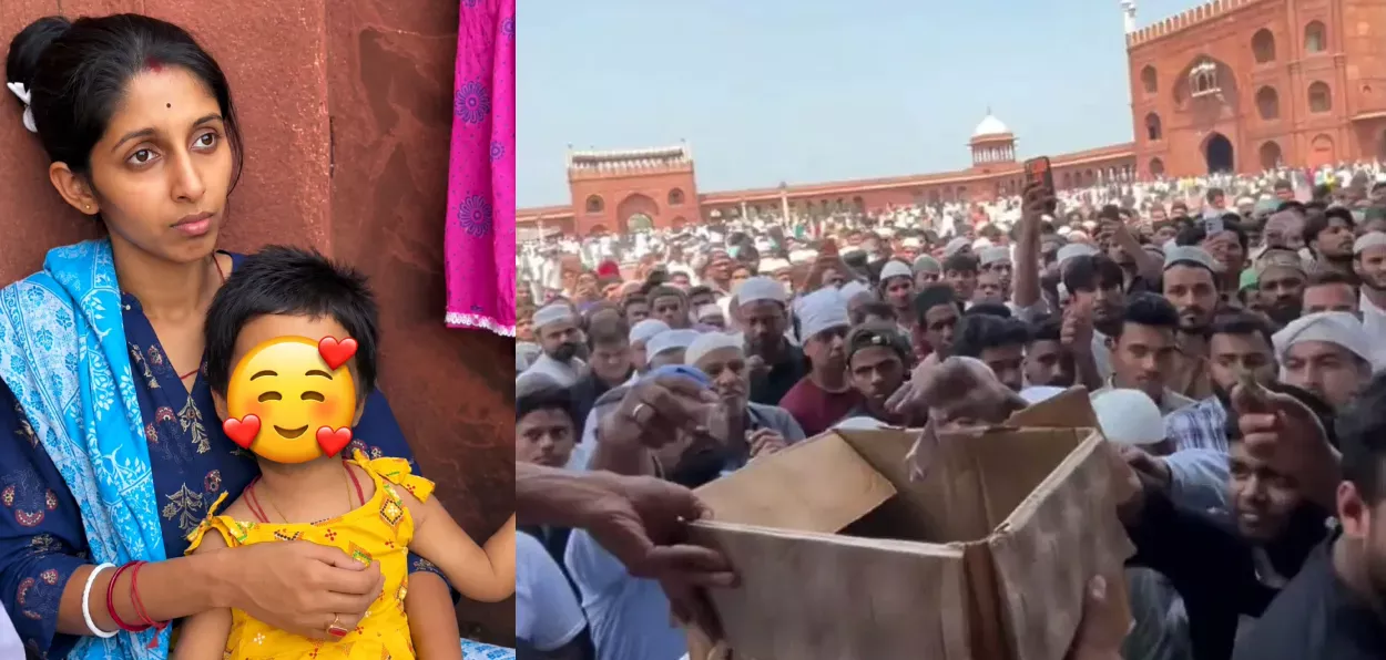 The mother and child and people donating at Jama masjid for the child's treatment