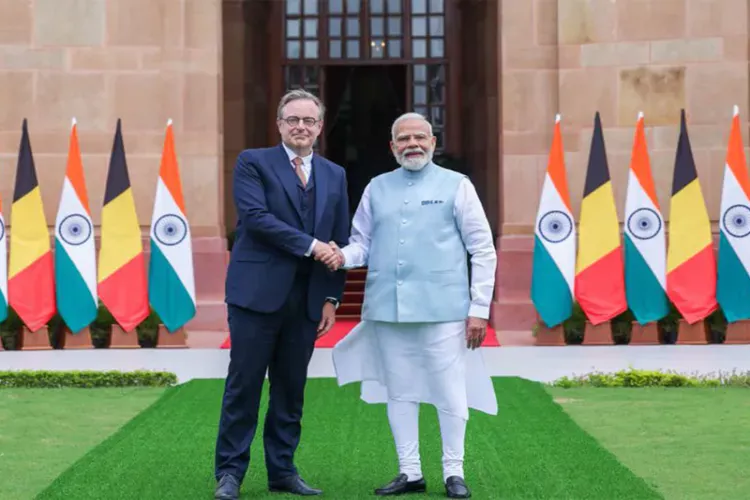 Prime Minister Narendra Modi shakes hands with Belgian Prime Minister Bart De Wever during a meeting in New Delhi.