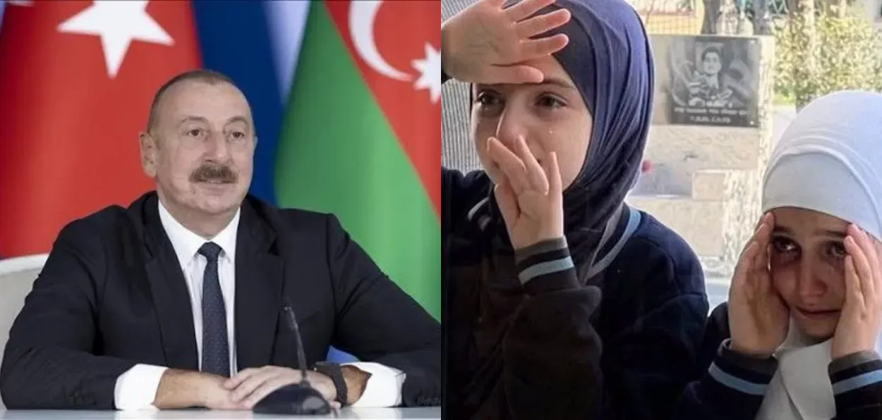 Azarbaijan President Ilham Aliyev, and girls who were turned away from school in Baku for wearing headscarf (Social Media)